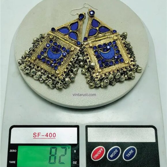 Pure Vintage Blue Dangle Earrings With Bells, Afghan Kuchi Massive Earrings - Picture 6 of 8